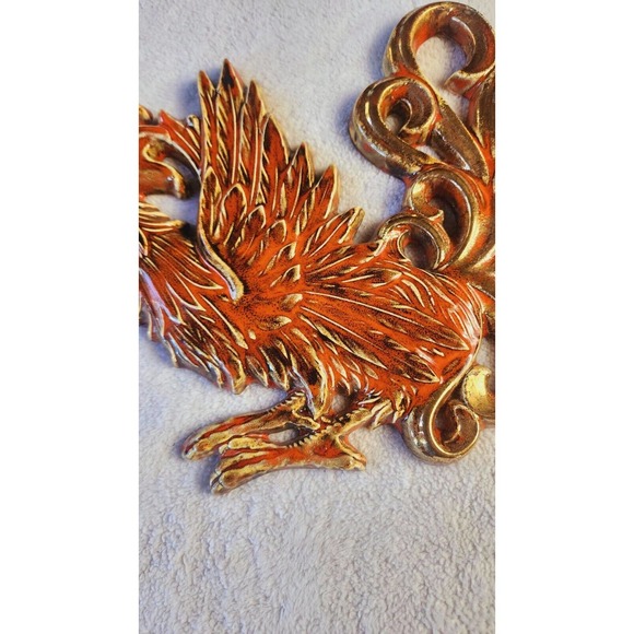 VTG MCM Plaster Fighting Rooster Wall Decor Plaster Plaque Red Gold Drip Glaze - Picture 2 of 9